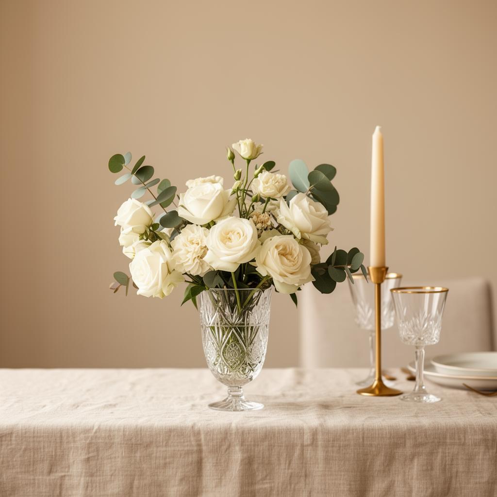 Editorial still life with ivory florals, candle and crystal glassware on linen